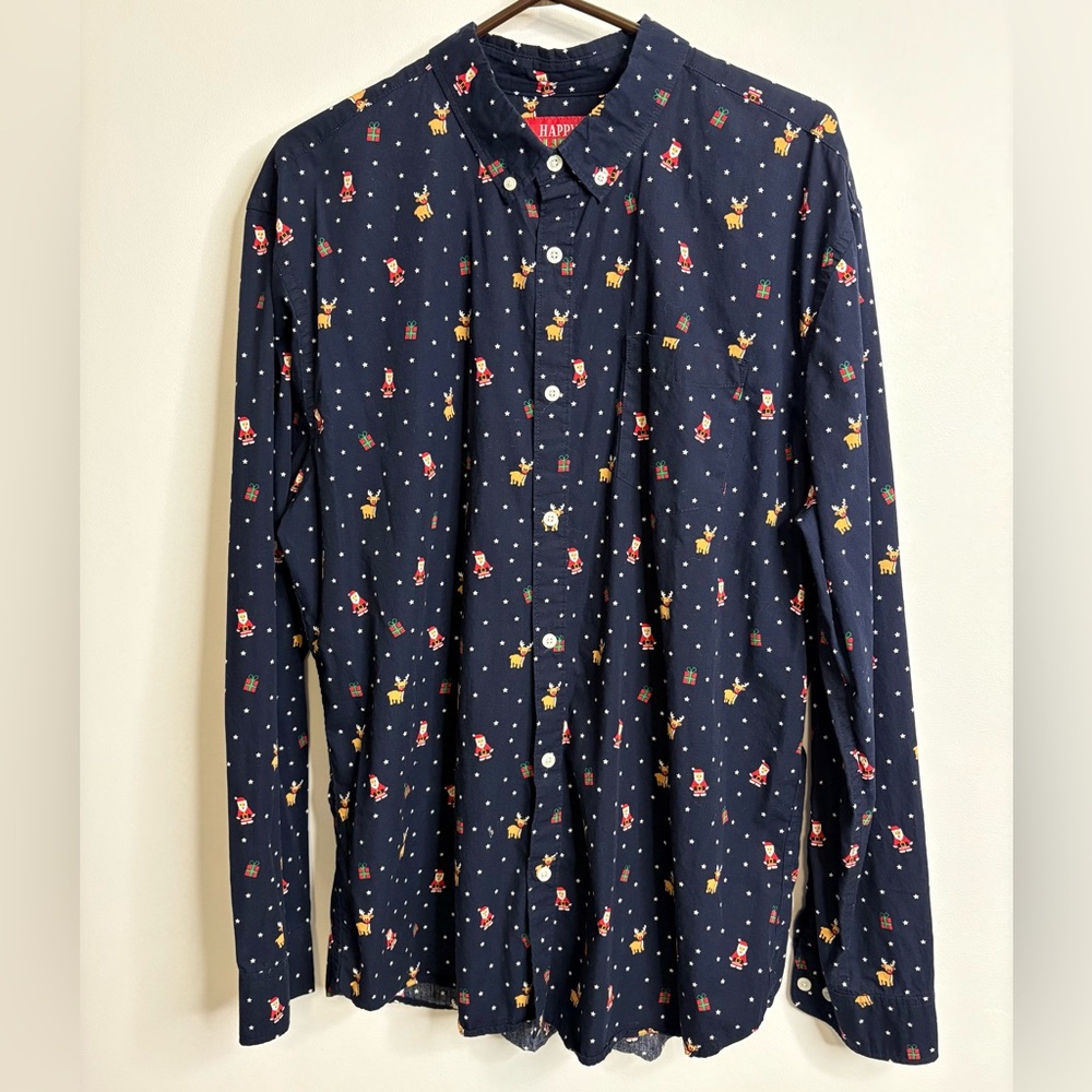 Happy Holidays Men's Navy Blue Christmas Long Sleeve Shirt Size XL 100%Cotton